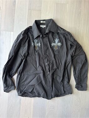 black pinstripe button up with graphic